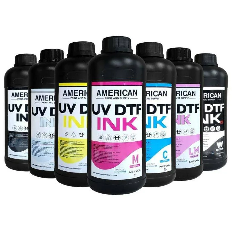 Cyan, Magenta, Yellow, Black, Light Cyan, Light Magenta, Varnish, for UV DTF Printing Systems.